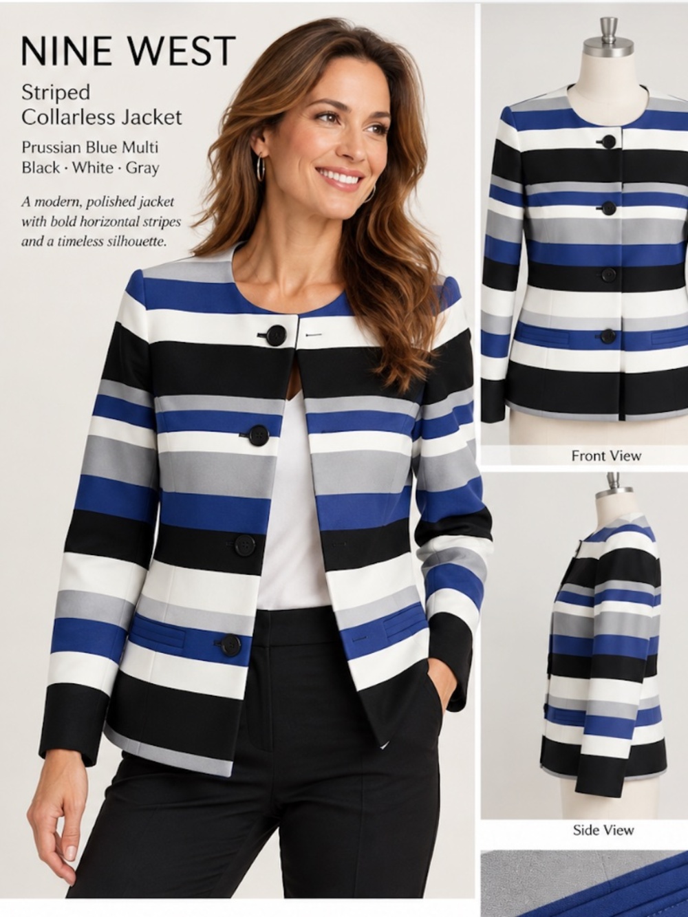 NWT Nine West Prussian Blue Multi Stripe Collarless Jacket Blazer